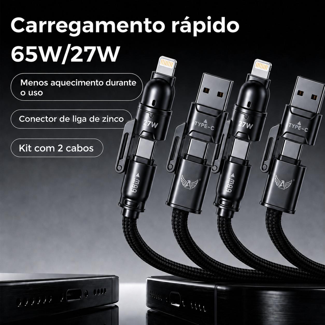 ALTOMEX Cabo de Carregamento Rápido 4 em 1 USB-A USB-C Lightning com Adaptador Duplo, Até 65W/27W, Compatível com iPhone Android Tablet Fone e Power Bank 【FB】