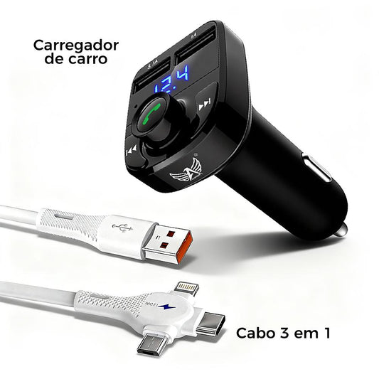 Carregador veicular retrátil com Bluetooth e carregamento rápido da Vapto