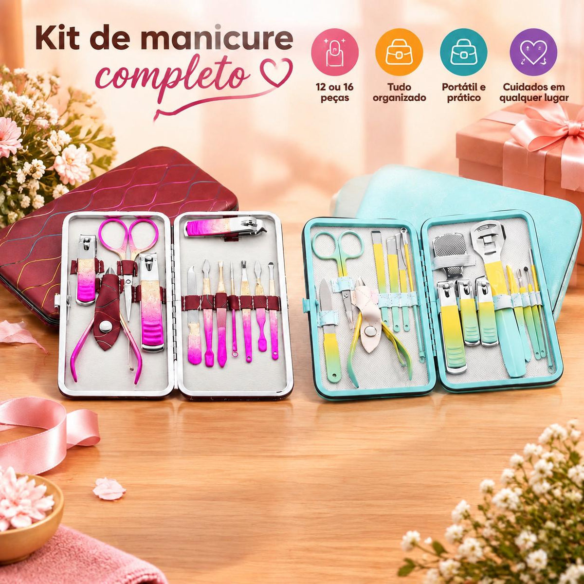 Kit de Manicure Completo 12 ou 16 Peças com Estojo Portátil