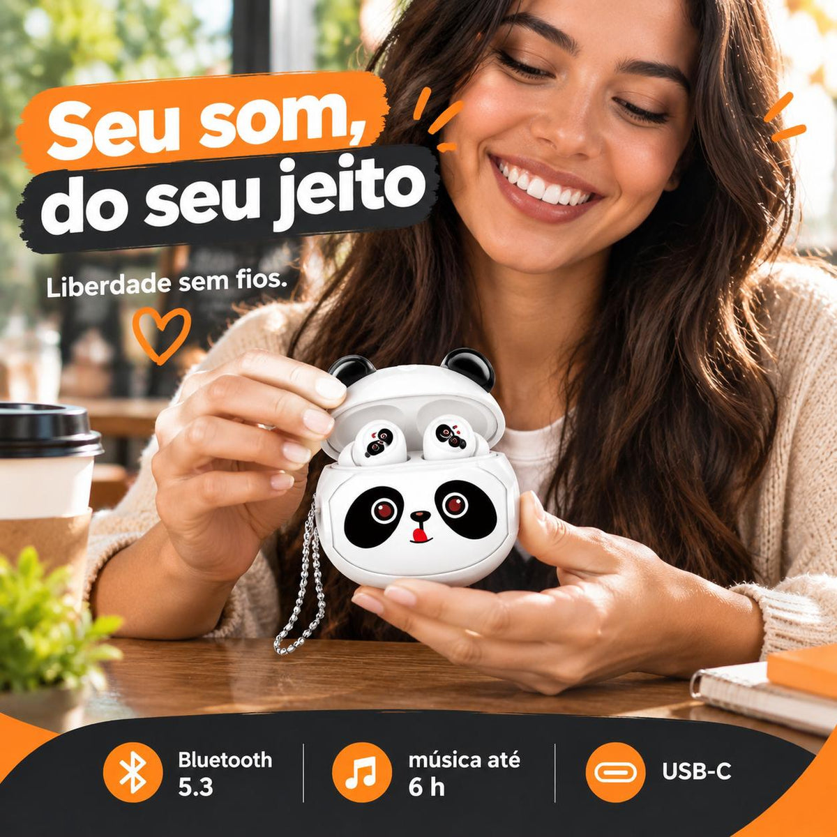 Fone Bluetooth Panda TWS 5.3 com Microfone e Cancelamento de Ruído