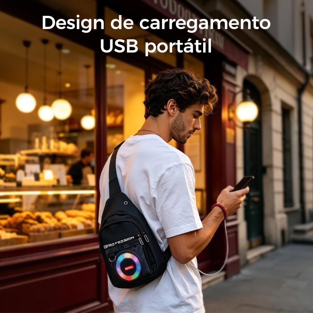 Caixa de som portátil estilo mochila com luz RGB, graves potentes e resistência à água da Vapto