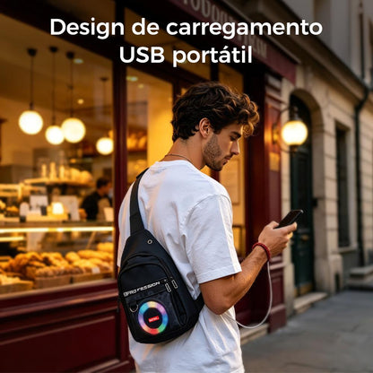 Caixa de som portátil estilo mochila com luz RGB, graves potentes e resistência à água da Vapto