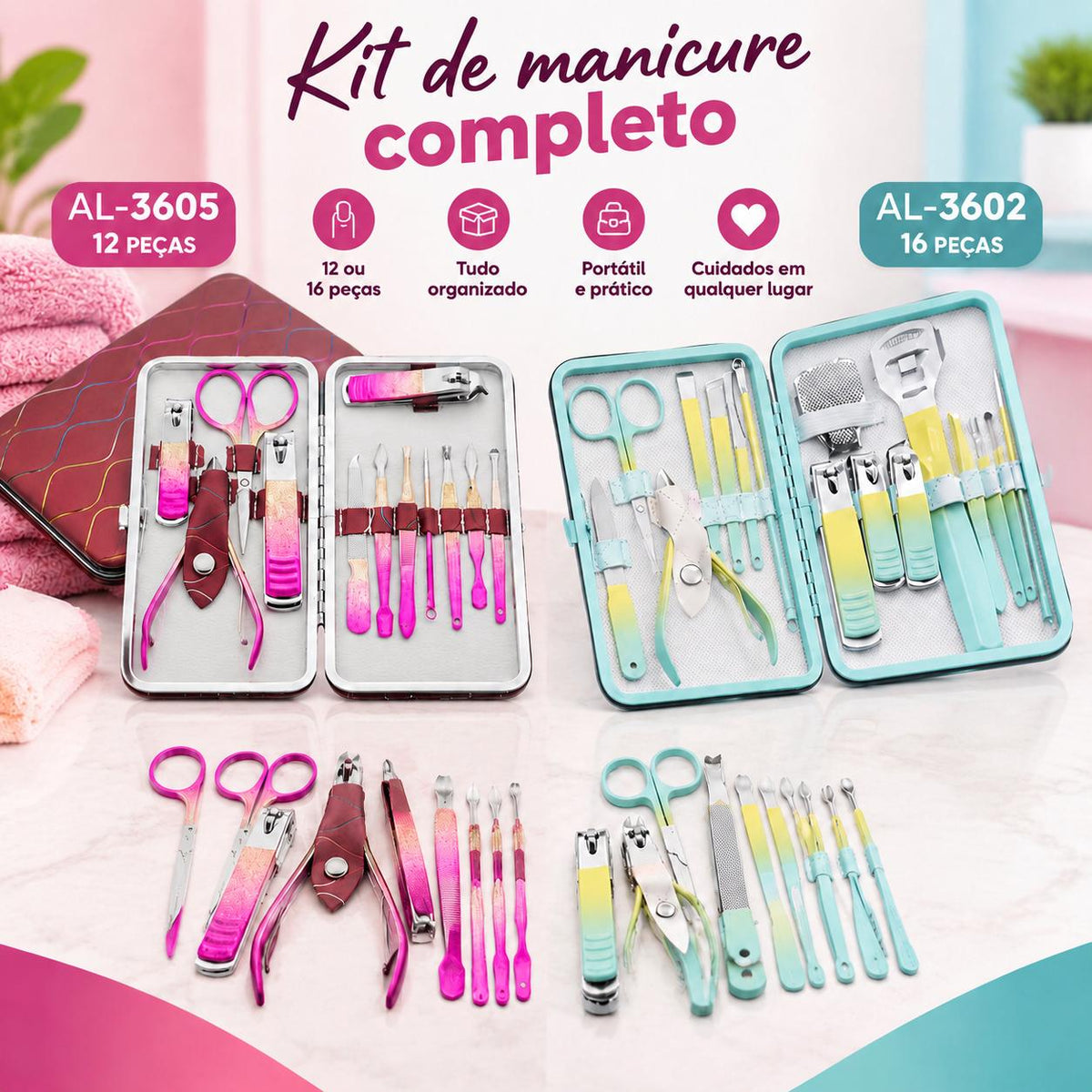 Kit de Manicure Completo 12 ou 16 Peças com Estojo Portátil