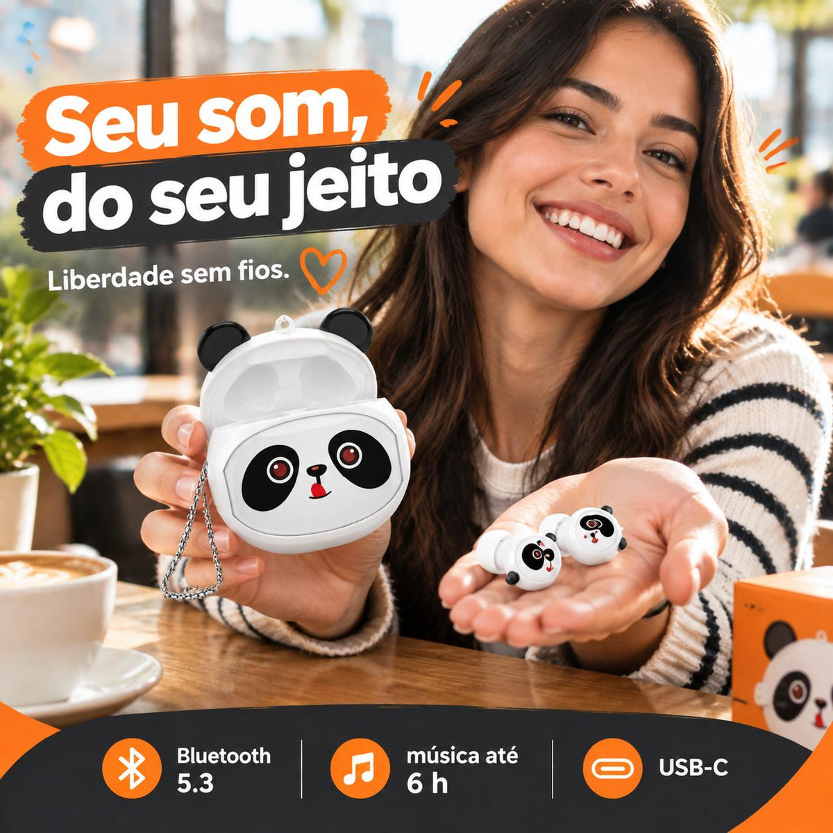 Fone Bluetooth Panda TWS 5.3 com Microfone e Cancelamento de Ruído