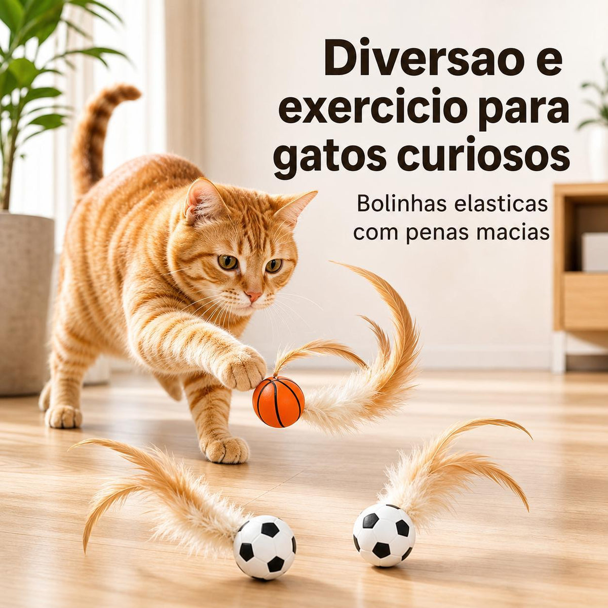 Brinquedo Interativo para Gatos 2 em 1 – Bola com Penas