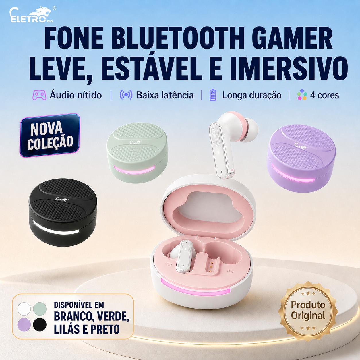 ELETRO Fone de Ouvido Bluetooth Sem Fio Gamer, Leve e Confortável, com Modo Game de Baixa Latência, Som Estável, Graves Potentes, Até 20 Horas de Uso Total com Estojo 【BD】