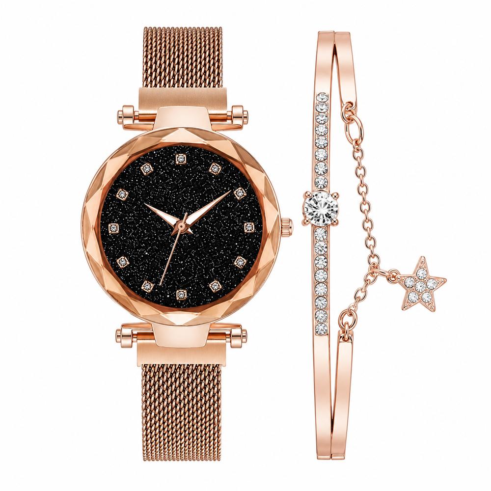 Kit Relógio Feminino Luxo com Pulseira de Pedras e À Prova D'Água