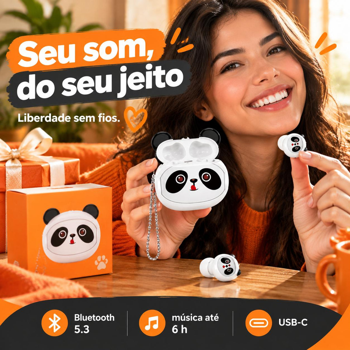 Fone Bluetooth Panda TWS 5.3 com Microfone e Cancelamento de Ruído