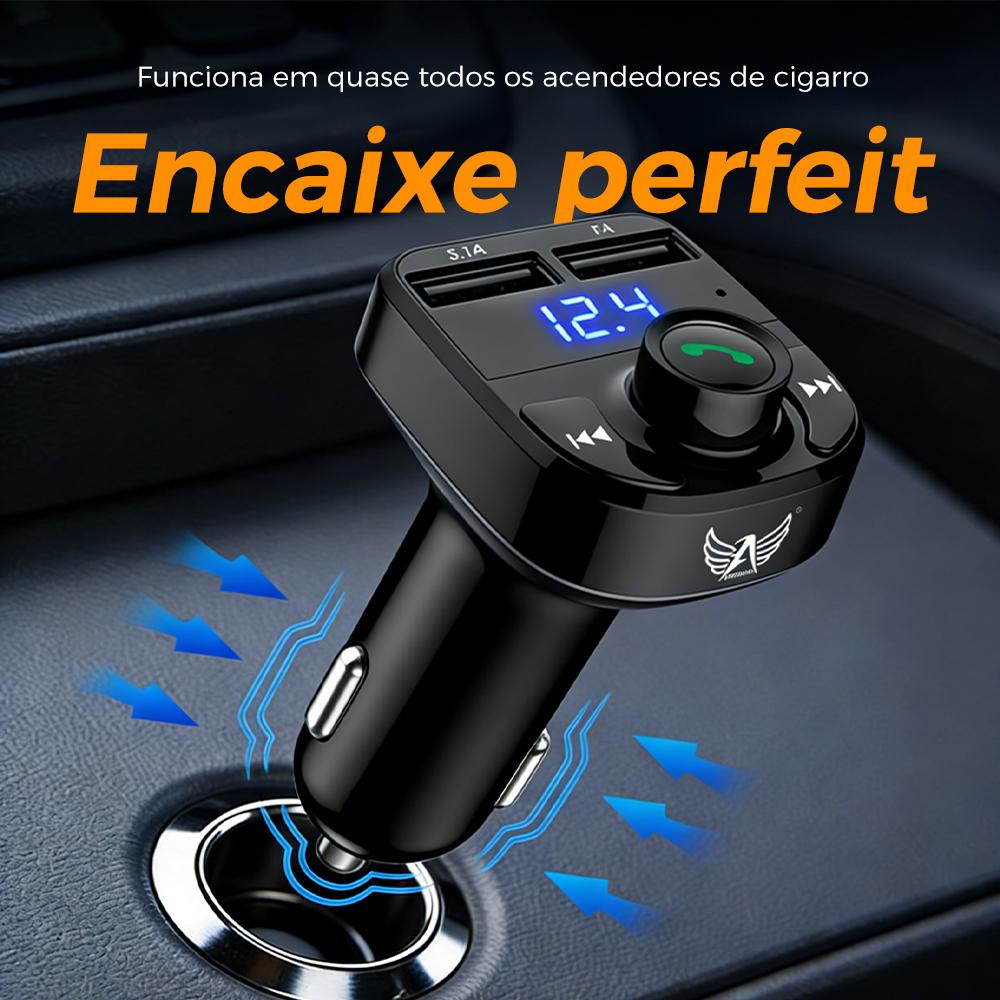 Carregador Veicular com Transmissor Bluetooth FM, MP3 e Carregamento Rápido 4 em 1
