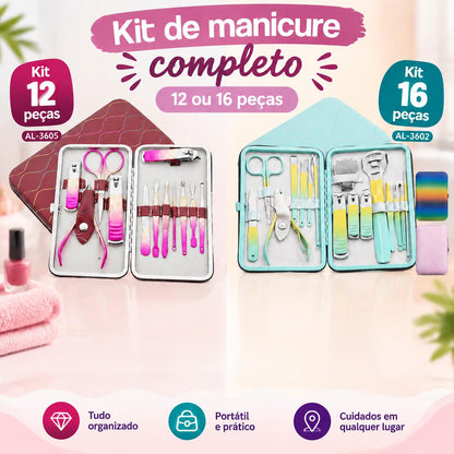 Kit de Manicure Completo 12 ou 16 Peças com Estojo Portátil