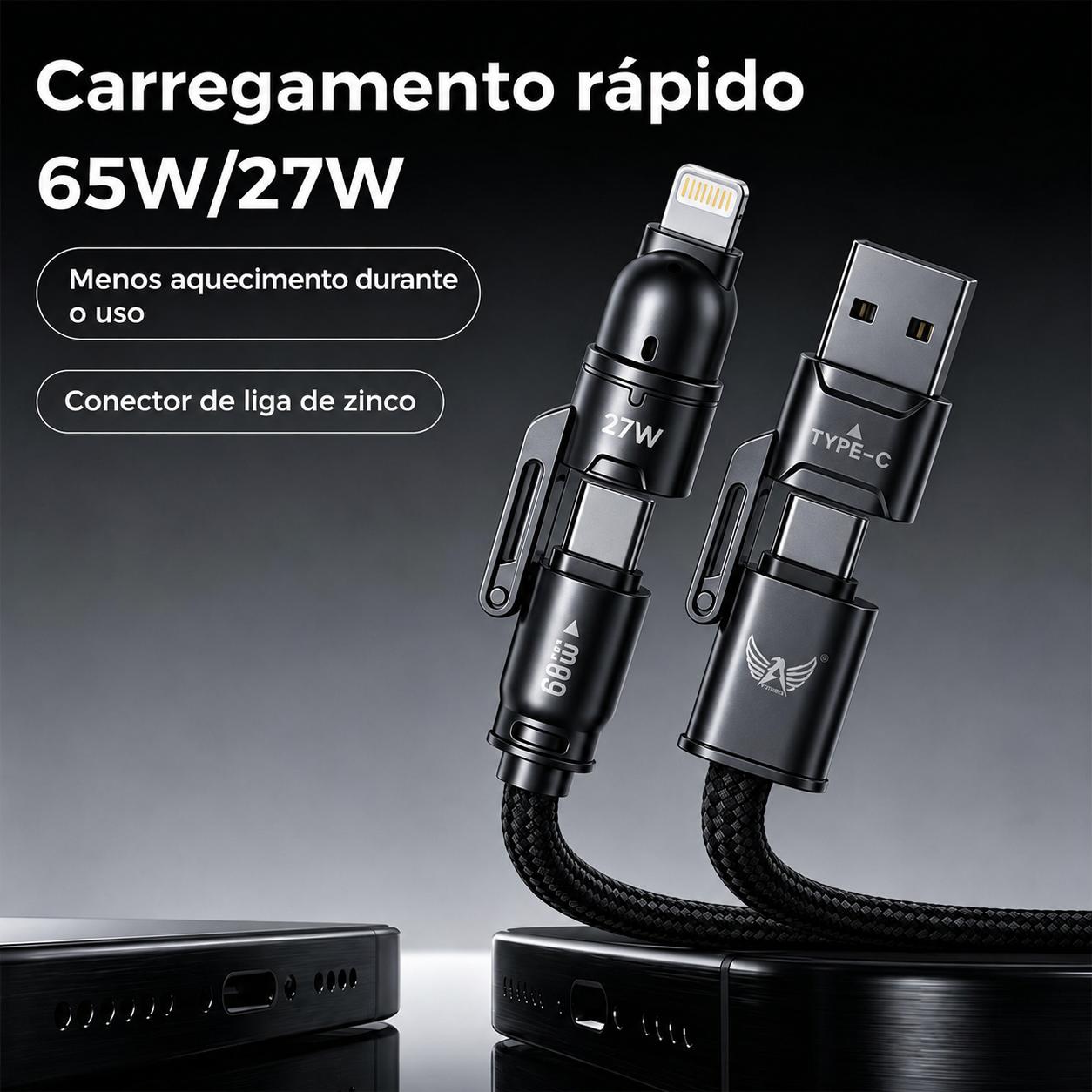 ALTOMEX Cabo de Carregamento Rápido 4 em 1 USB-A USB-C Lightning com Adaptador Duplo, Até 65W/27W, Compatível com iPhone Android Tablet Fone e Power Bank 【FB】