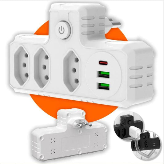 Adaptador de Tomada Portátil Universal com 3 Saídas USB e Tipo-C