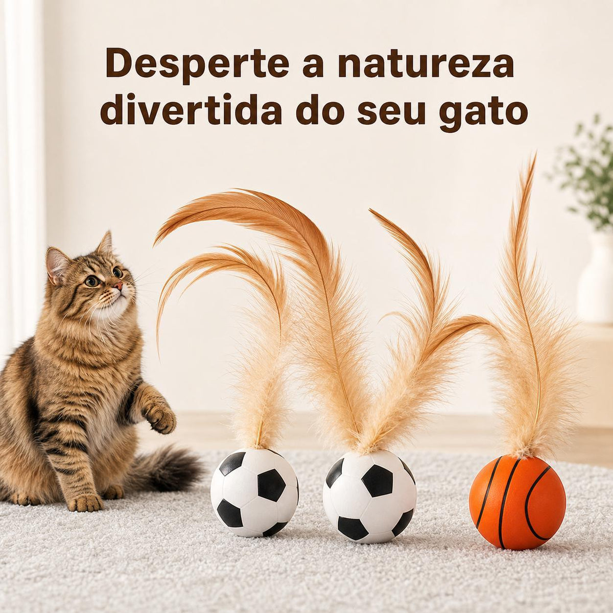 Brinquedo Interativo para Gatos 2 em 1 – Bola com Penas