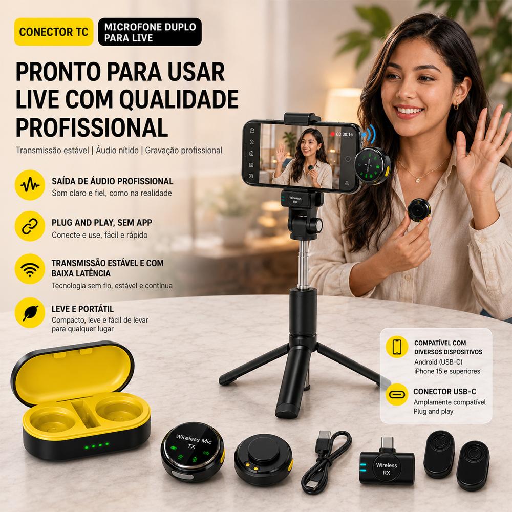 Microfone de Lapela Type-C, Plug and Play sem APP – Áudio Profissional para Live e Vídeo, Frete Rápido【BD】