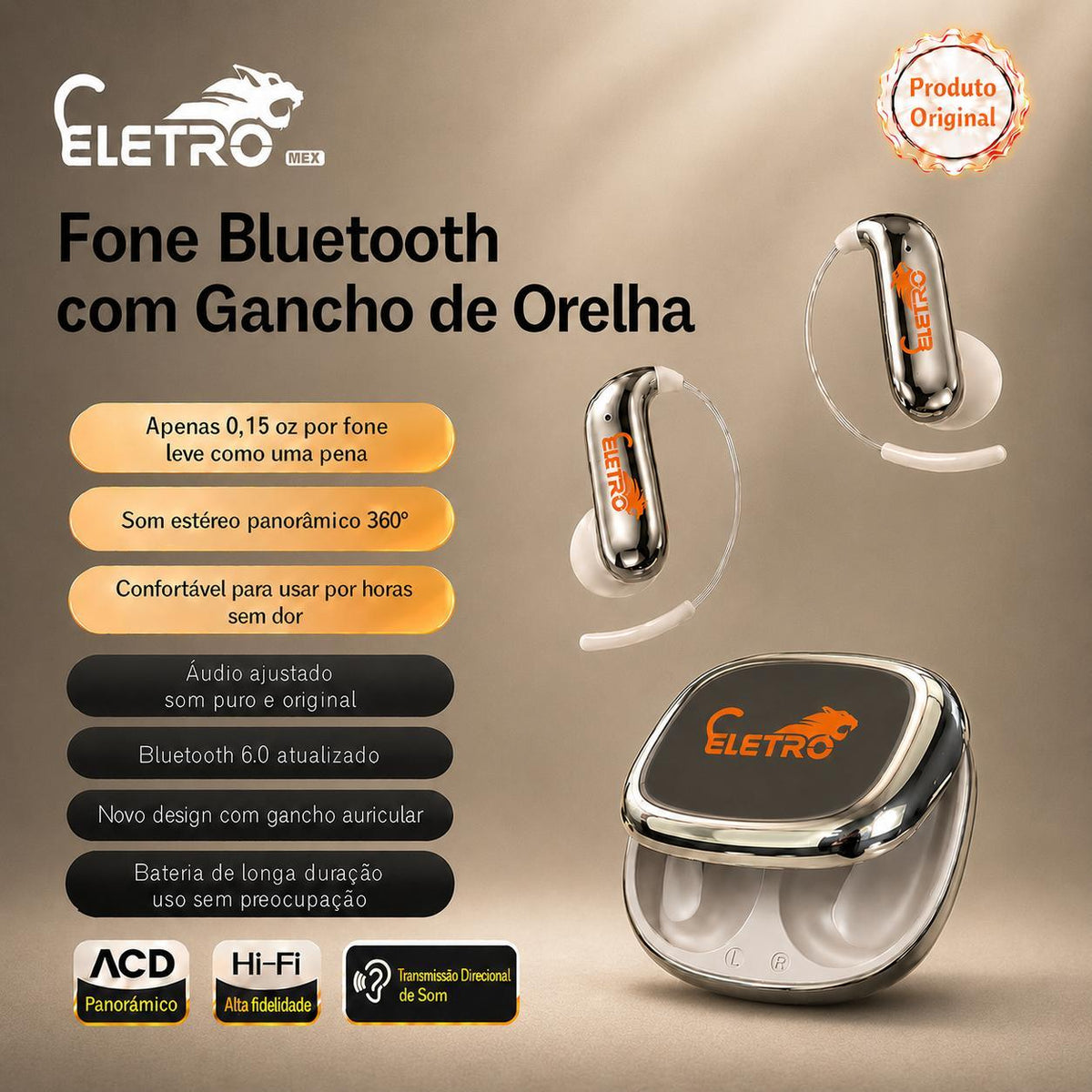 Fone Bluetooth Esportivo Open-Ear ELETRO com IA e Tradução