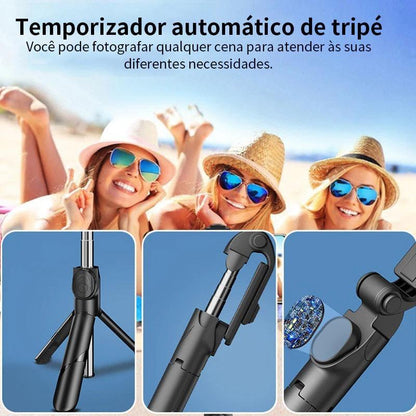 Pau de Selfie e Tripé Retrátil para Celular - com Luz LED e Controle Bluetooth