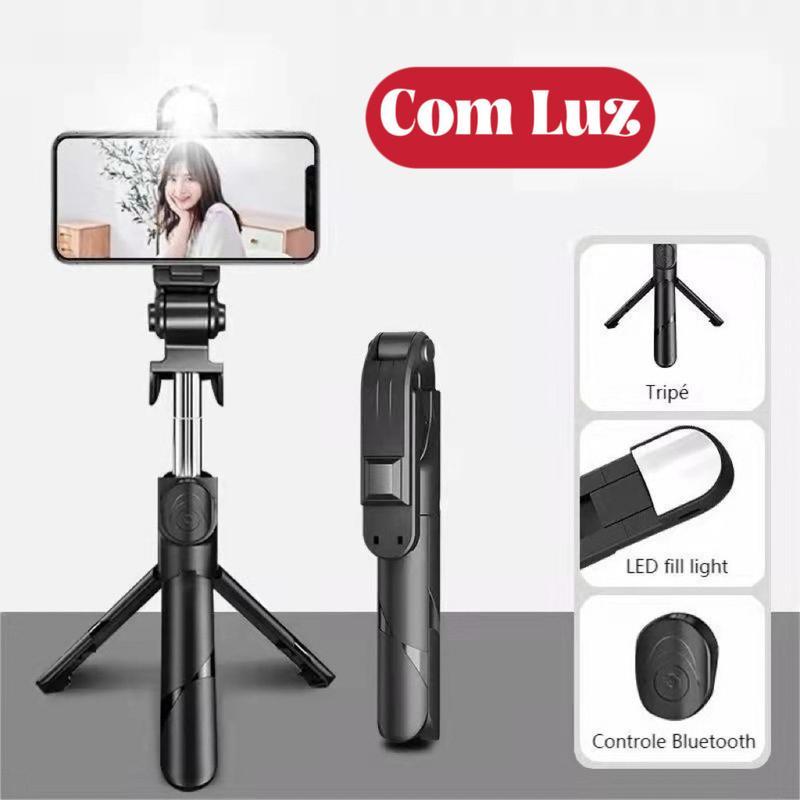 Bastão de Selfie com Tripé Retrátil, Luz LED e Controle Bluetooth para Celular