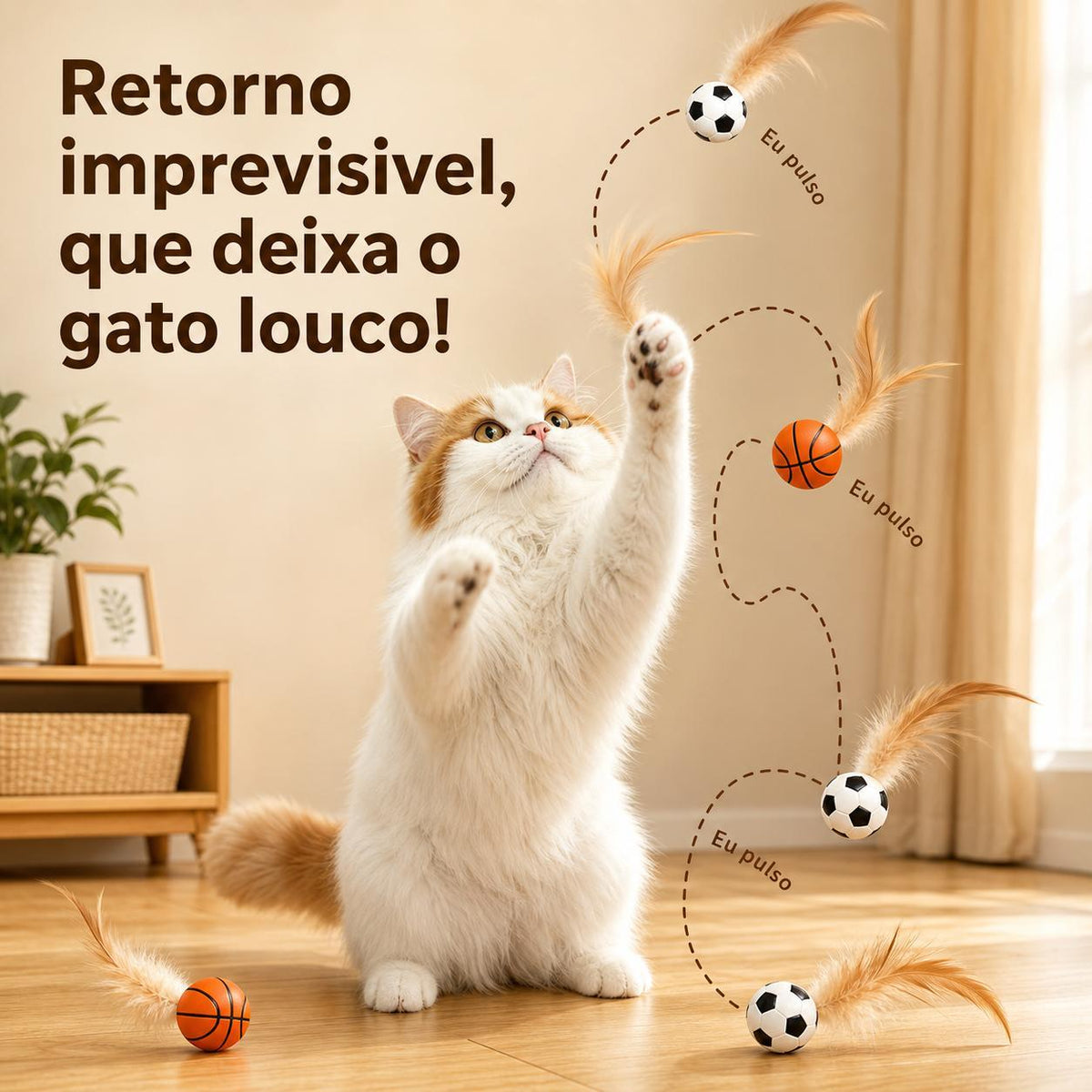 Brinquedo Interativo para Gatos 2 em 1 – Bola com Penas