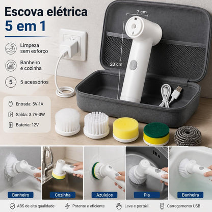 Escova Elétrica de Limpeza 5 em 1 Recarregável Multiuso