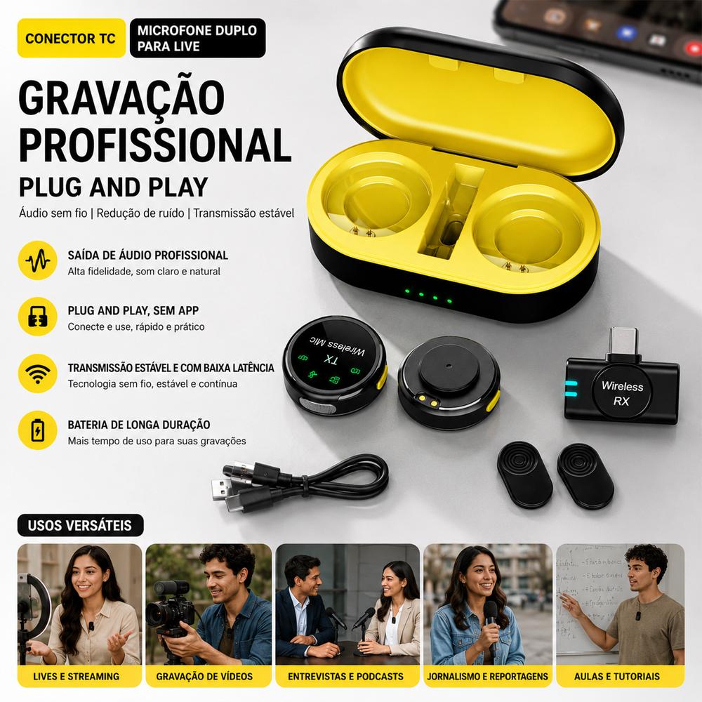 Microfone de Lapela Type-C, Plug and Play sem APP – Áudio Profissional para Live e Vídeo, Frete Rápido【BD】