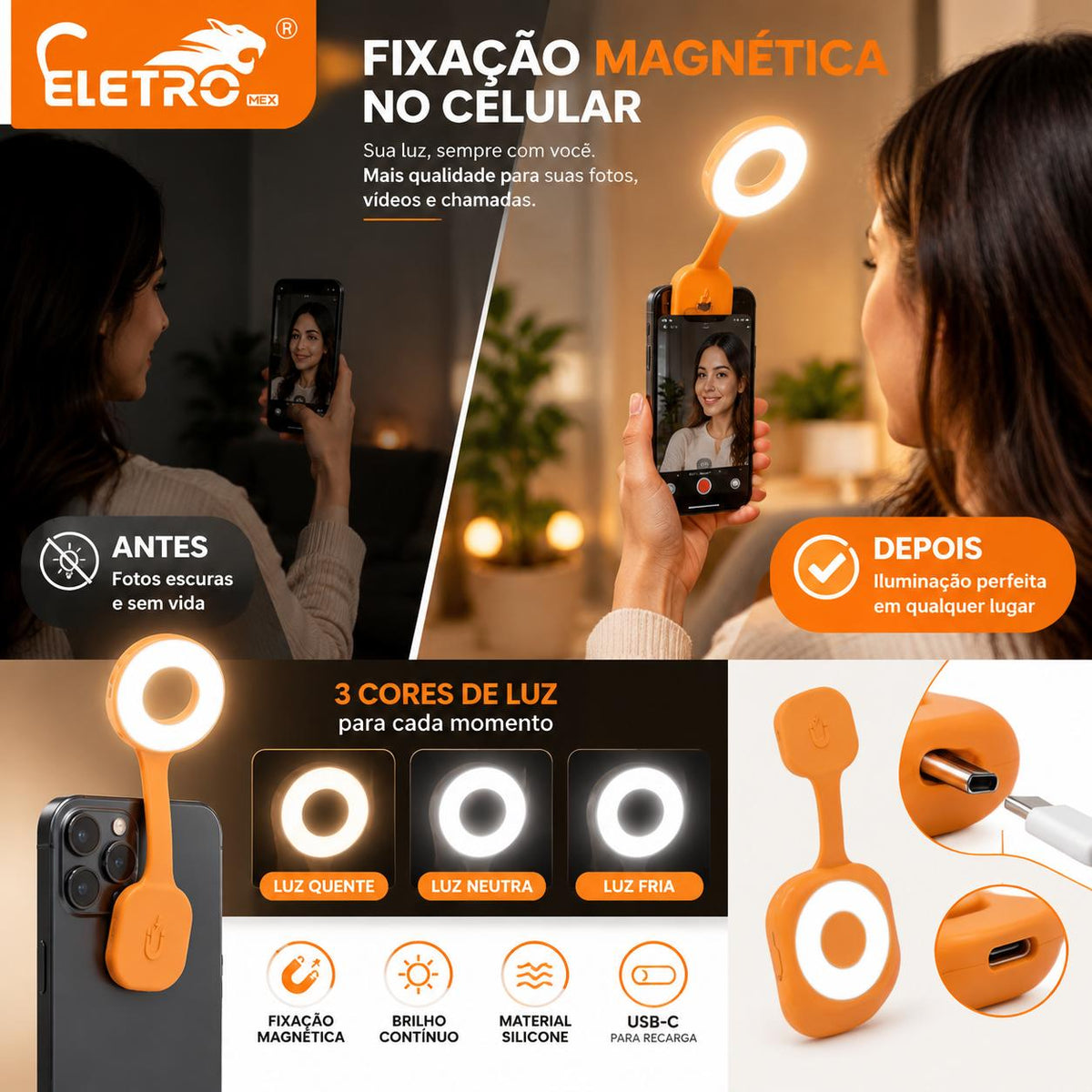 Mini Luz LED RGB Magnética Recarregável para Celular e Câmera