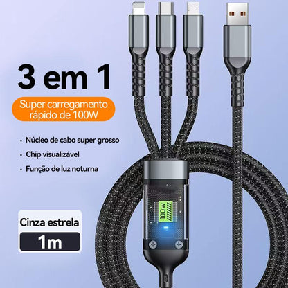 Cabo de Carregamento Rápido 4 em 1 com Revestimento em Nylon e Conectores de Liga de Zinco