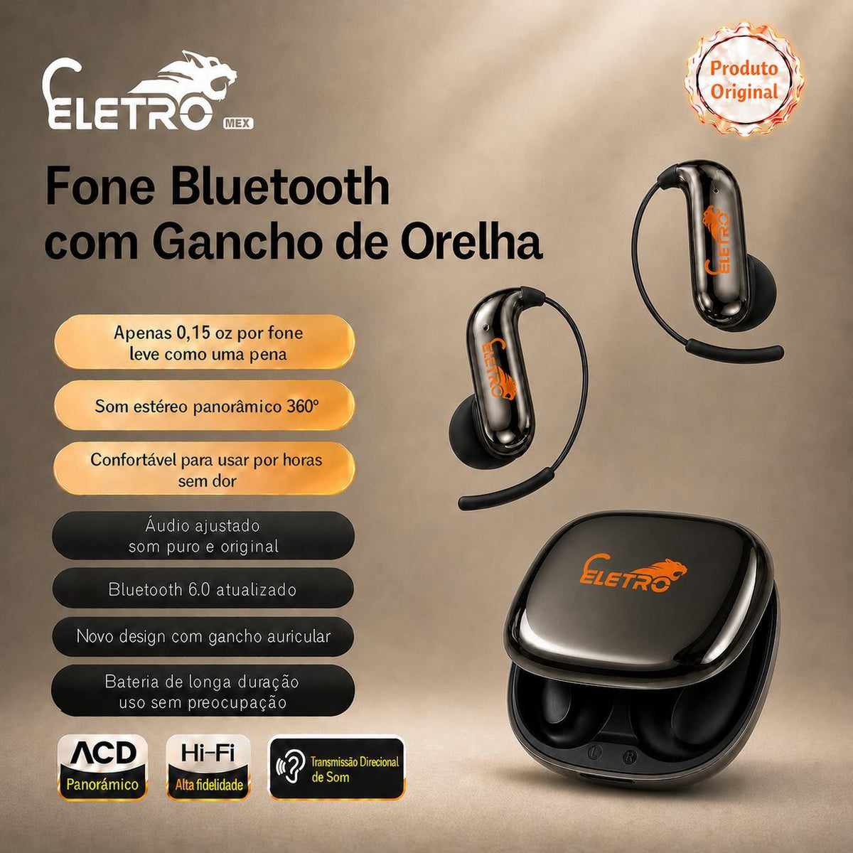 Fone Bluetooth Esportivo Open-Ear ELETRO com IA e Tradução
