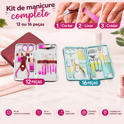 Kit de Manicure Completo 12 ou 16 Peças com Estojo Portátil