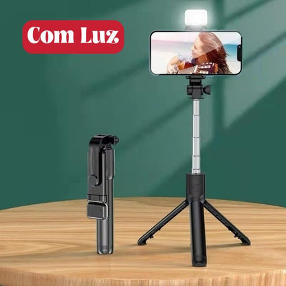 Bastão de Selfie com Tripé Retrátil, Luz LED e Controle Bluetooth para Celular