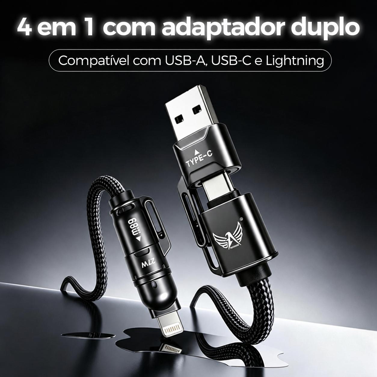 ALTOMEX Cabo de Carregamento Rápido 4 em 1 USB-A USB-C Lightning com Adaptador Duplo, Até 65W/27W, Compatível com iPhone Android Tablet Fone e Power Bank 【FB】