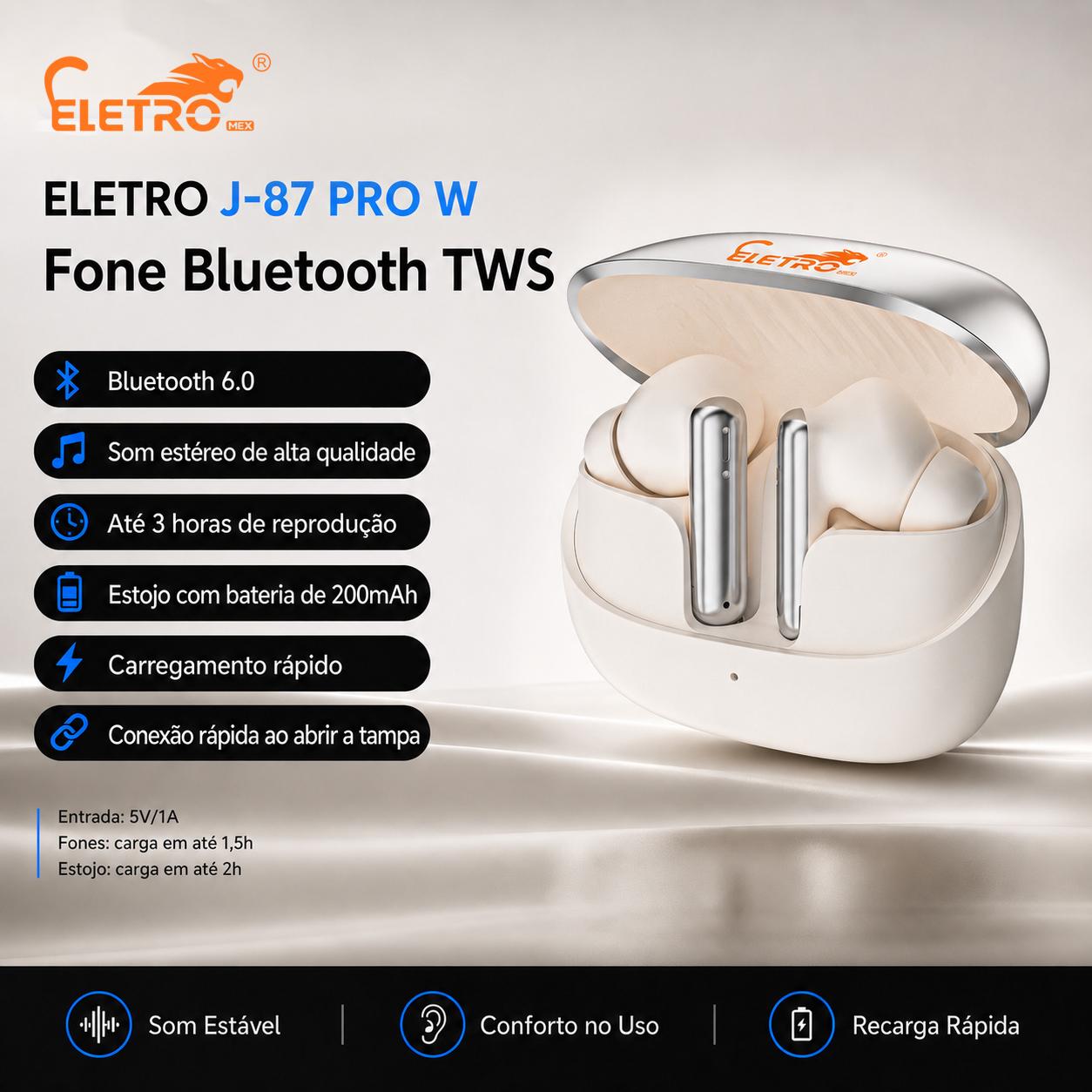 Fone Bluetooth ELETRO J-87 PRO W Sem Fio com Som Envolvente, Bluetooth 6.0, Microfone para Chamadas Claras, Carregamento Rápido, Controle Touch e Conforto para Uso Prolongado 【BD】