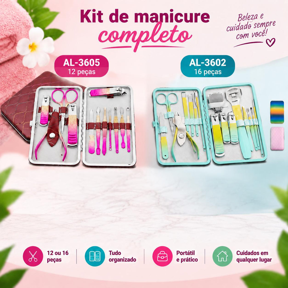 Kit de Manicure Completo 12 ou 16 Peças com Estojo Portátil