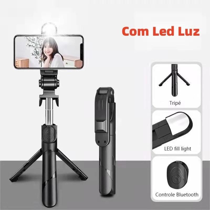 Pau de Selfie e Tripé Retrátil para Celular - com Luz LED e Controle Bluetooth