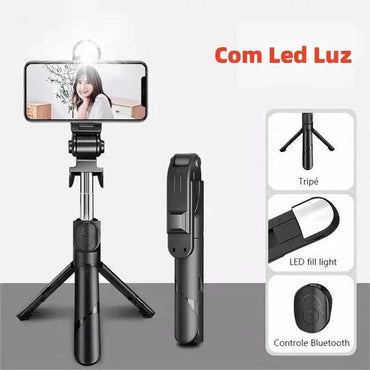 Pau de Selfie e Tripé Retrátil para Celular - com Luz LED e Controle Bluetooth