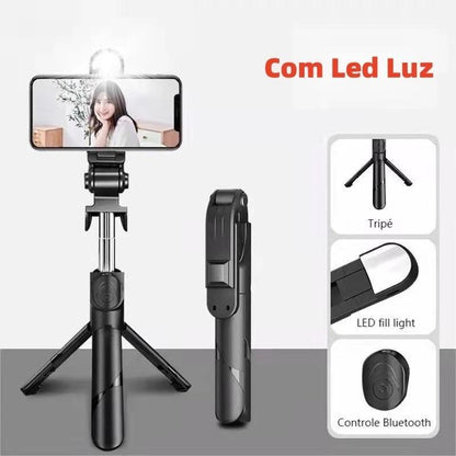Pau de Selfie e Tripé Retrátil para Celular - com Luz LED e Controle Bluetooth