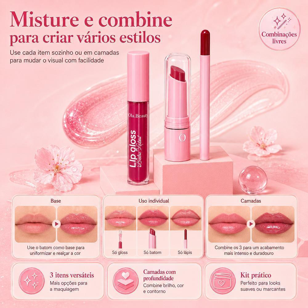 Batom Duo 3 em 1 Matte e Gloss Espelhado Rosa Pêssego – 24h