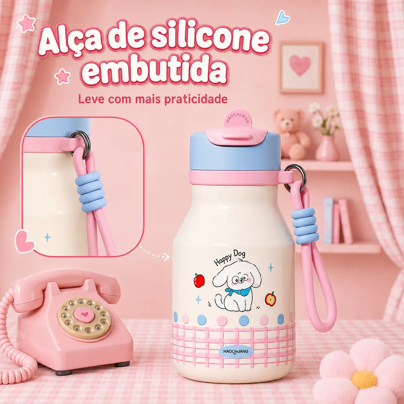 Garrafa Térmica Infantil 480ml Inox Cachorro com Canudo