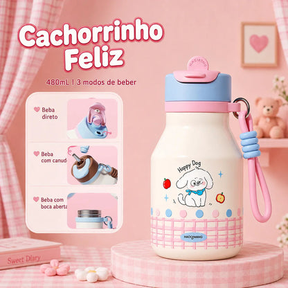 Garrafa Térmica Infantil 480ml Inox Cachorro com Canudo