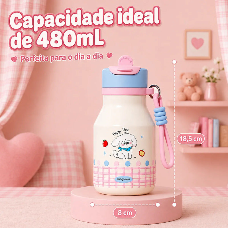 Garrafa Térmica Infantil 480ml Inox Cachorro com Canudo
