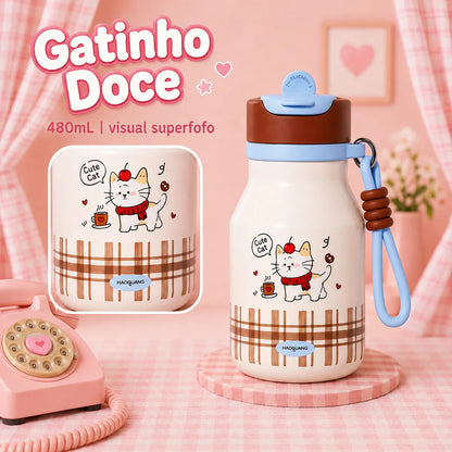 Garrafa Térmica Infantil 480ml Inox Cachorro com Canudo