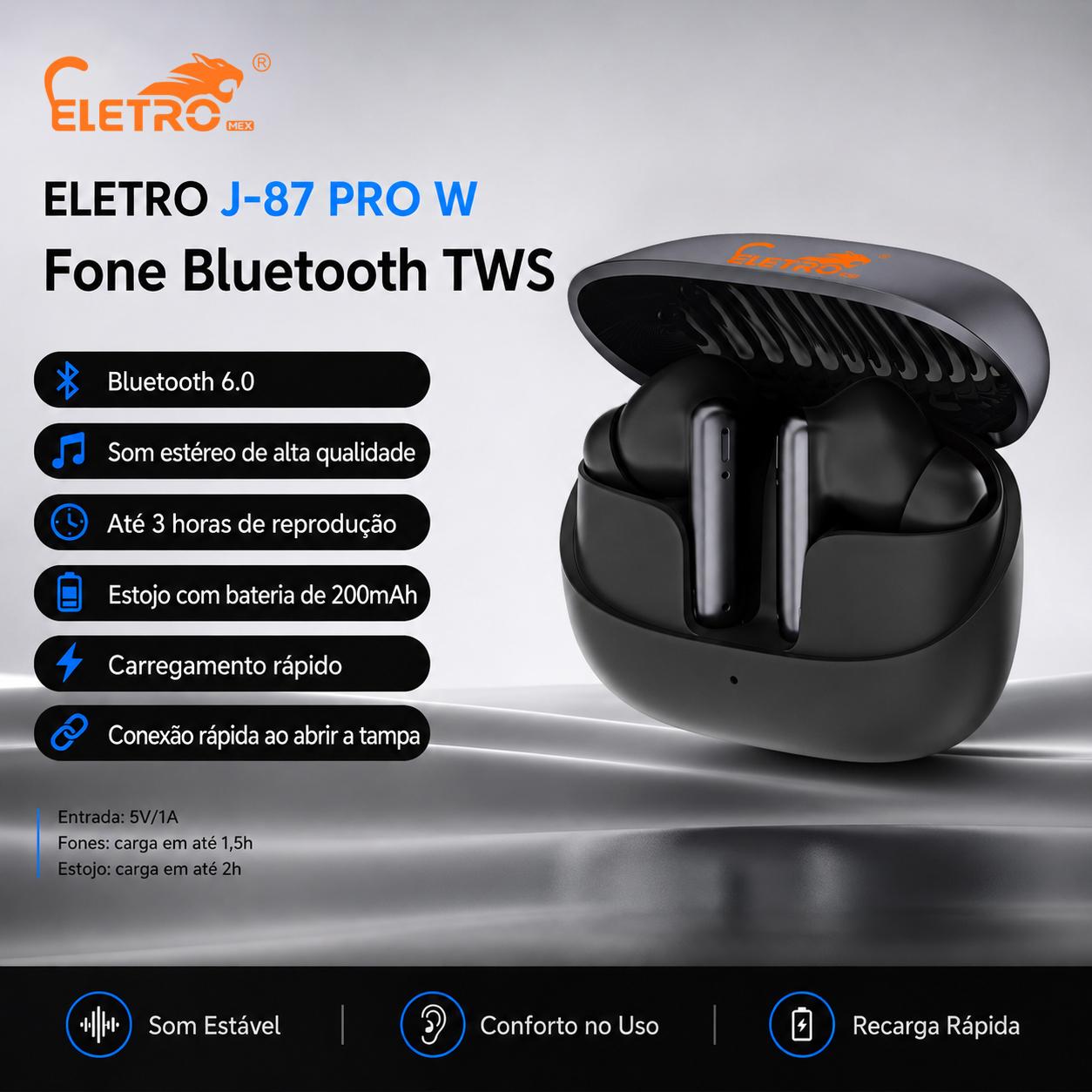 Fone Bluetooth ELETRO J-87 PRO W Sem Fio com Som Envolvente, Bluetooth 6.0, Microfone para Chamadas Claras, Carregamento Rápido, Controle Touch e Conforto para Uso Prolongado 【BD】