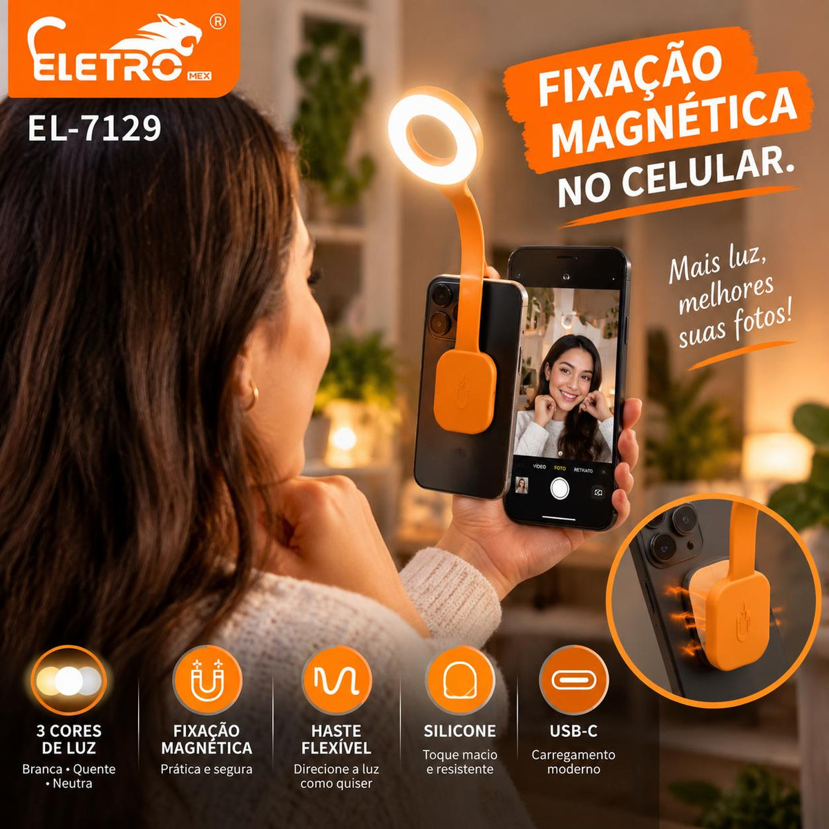 Mini Luz LED RGB Magnética Recarregável para Celular e Câmera