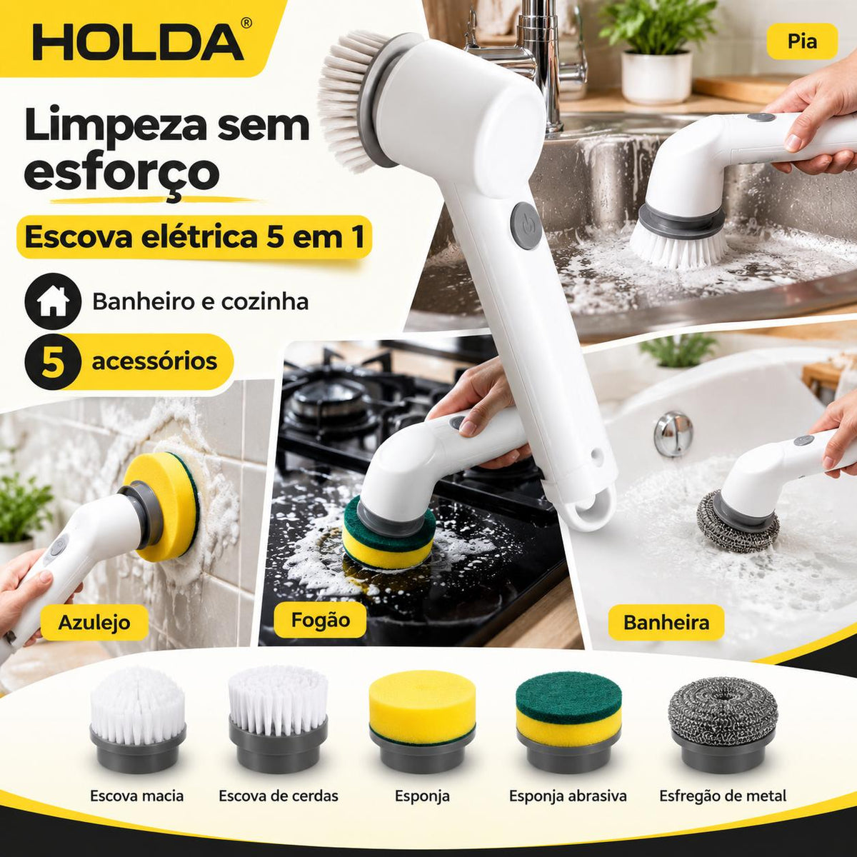 Escova Elétrica de Limpeza 5 em 1 Recarregável Multiuso
