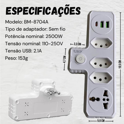 Adaptador de tomada portátil com entrada USB Tipo-C da Vapto