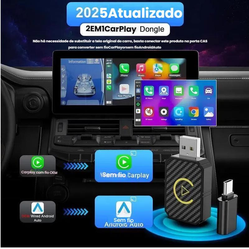 Adaptador sem fio 2 em 1 para CarPlay e Android Auto da Vapto
