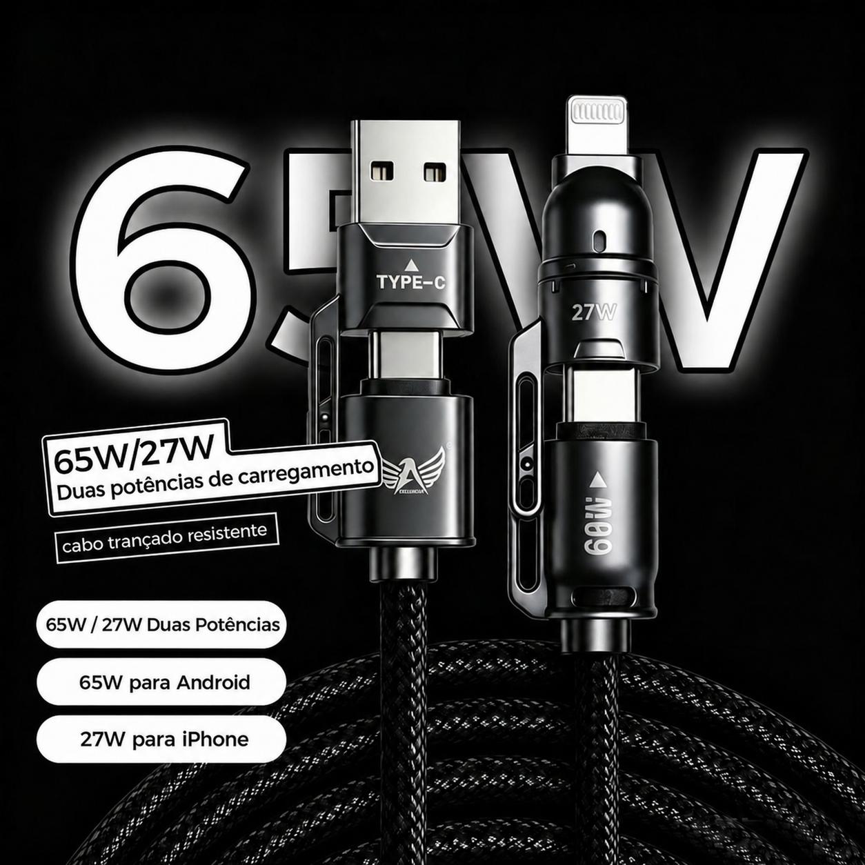 Cabo Altomex 4 em 1 com carregamento rápido de 65 W, USB-C e Lightning, da Vapto