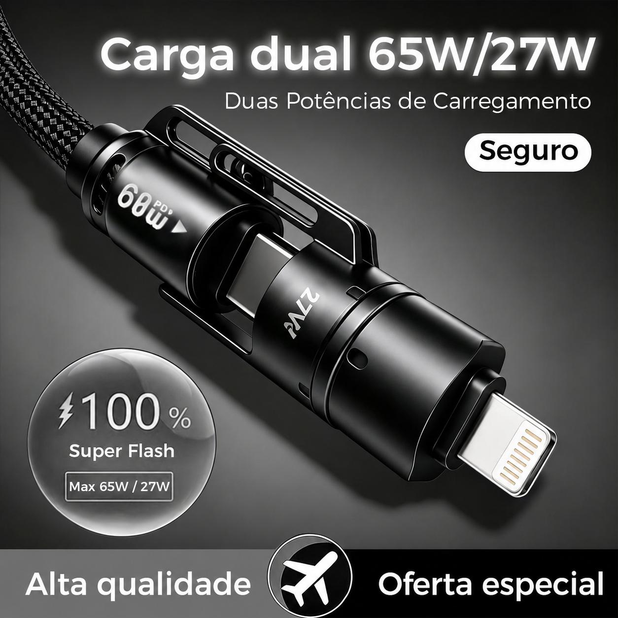 Cabo Altomex 4 em 1 com carregamento rápido de 65 W, USB-C e Lightning, da Vapto