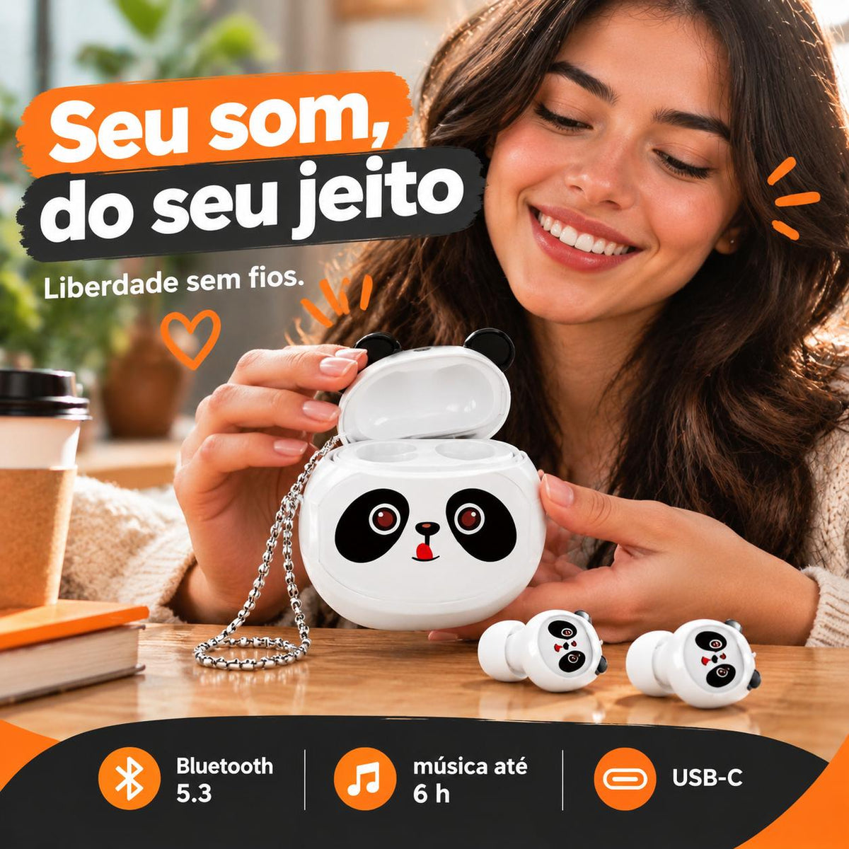 Fone Bluetooth Panda TWS 5.3 com Microfone e Cancelamento de Ruído