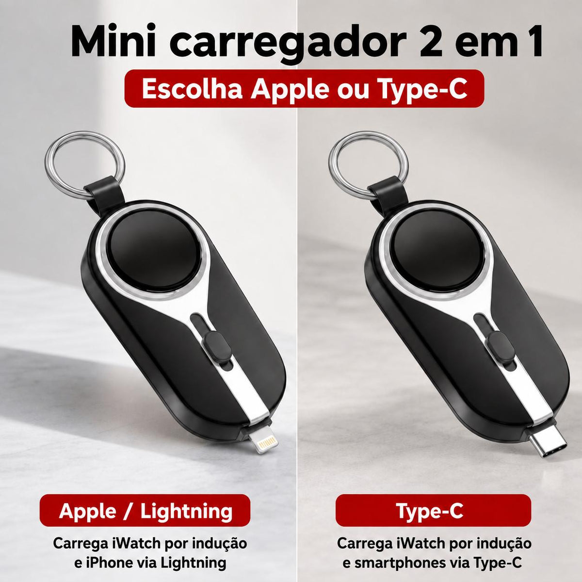 Mini Carregador Emergencial 2 em 1 Portátil com Chaveiro – iPhone ou Android