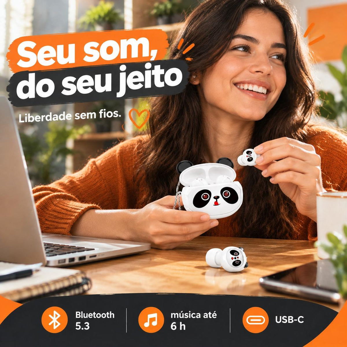 Fone Bluetooth Panda TWS 5.3 com Microfone e Cancelamento de Ruído